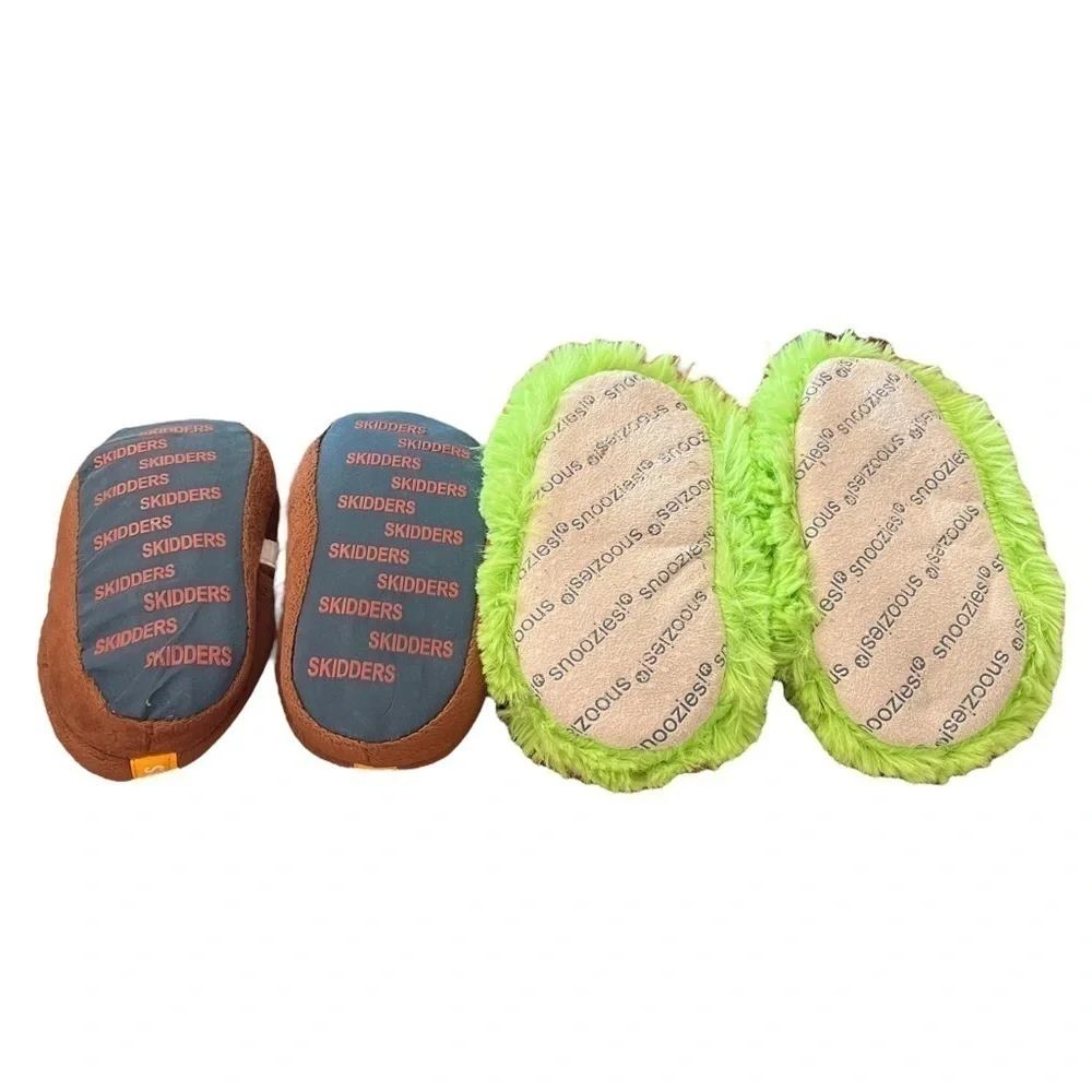 Set of 2 plush toddler slippers Skidders football and Snoozies green furry frog